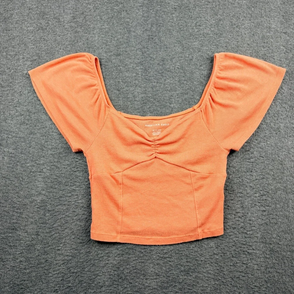 American Eagle Women's XS Orange Ribbed‎ Ruched Front Flutter Sleeve Crop Top